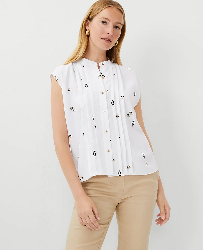 Ann Taylor Petite Floral Shirred Button Top White Women's