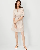 Ann Taylor Petite Lattice Linen Blend Split Neck Flare Dress Baguette Women's