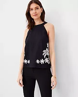 Ann Taylor Petite Palm Embroidered Linen Blend Halter Top