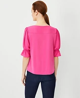 Ann Taylor Petite Ruffle Mixed Media Puff Sleeve Top Bold Pink Women's