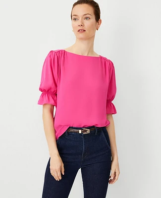 Ann Taylor Petite Ruffle Mixed Media Puff Sleeve Top Bold Pink Women's