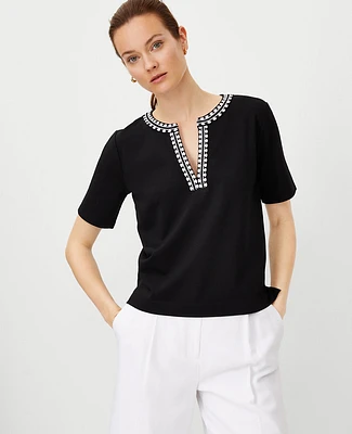 Ann Taylor Petite Embroidered Split Neck Top Black Women's