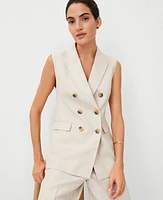 Ann Taylor Pinstripe Long Double Breasted Vest Pearl Linen Women's