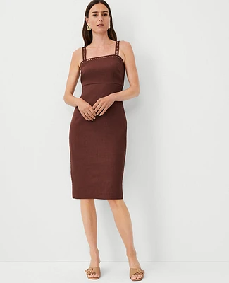 Ann Taylor Petite Circle Trim Strap Linen Blend Sheath Dress Brown Stone Women's