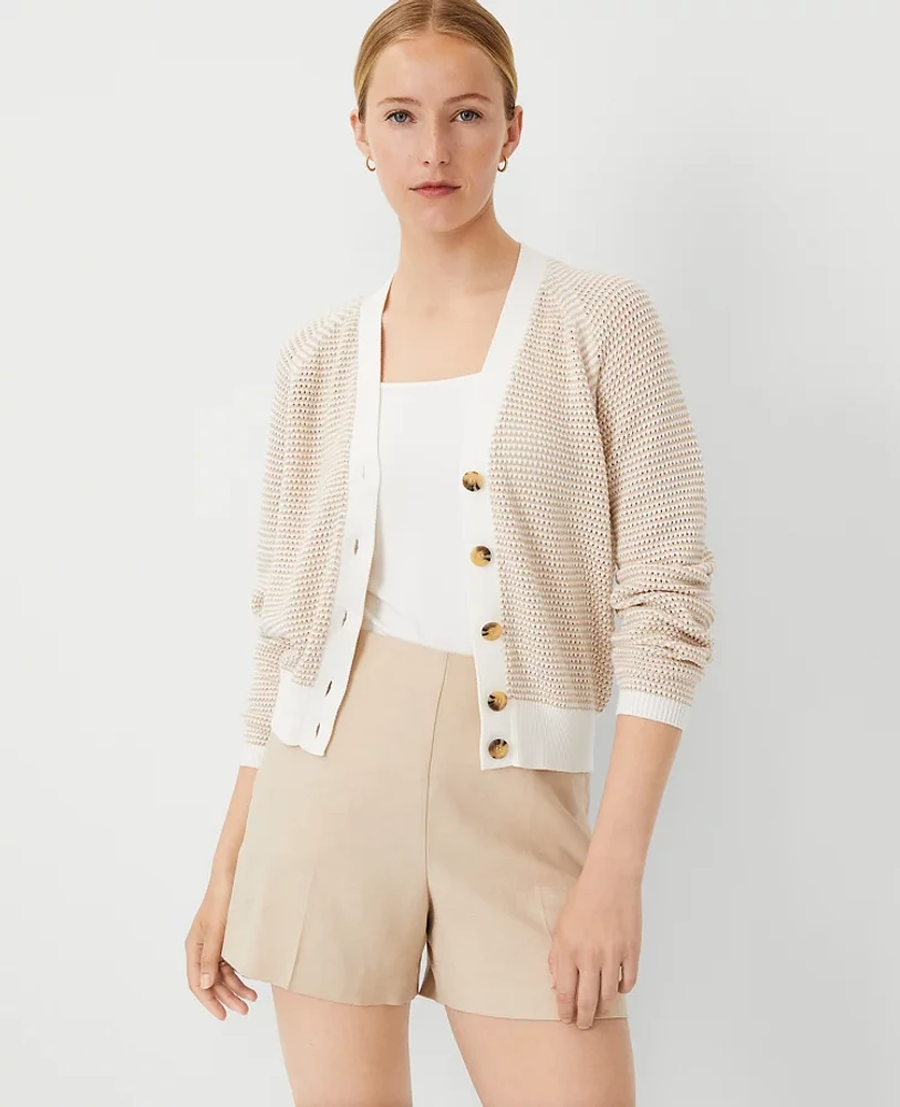 Ann Taylor Petite Textured Stripe V-Neck Wedge Cardigan Tan/White Women's