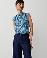 Ann Taylor Petite Floral Cowl Neck Shell Top Underwater Teal Women's