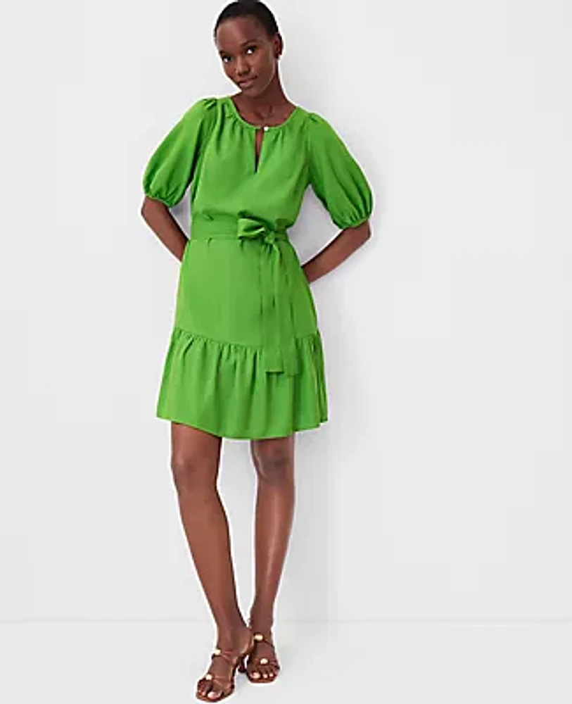 Ann Taylor Petite Linen Blend Puff Sleeve Flounce Dress