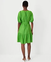 Ann Taylor Petite Linen Blend Puff Sleeve Flounce Dress Matcha Women's