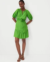 Ann Taylor Petite Linen Blend Puff Sleeve Flounce Dress Matcha Women's