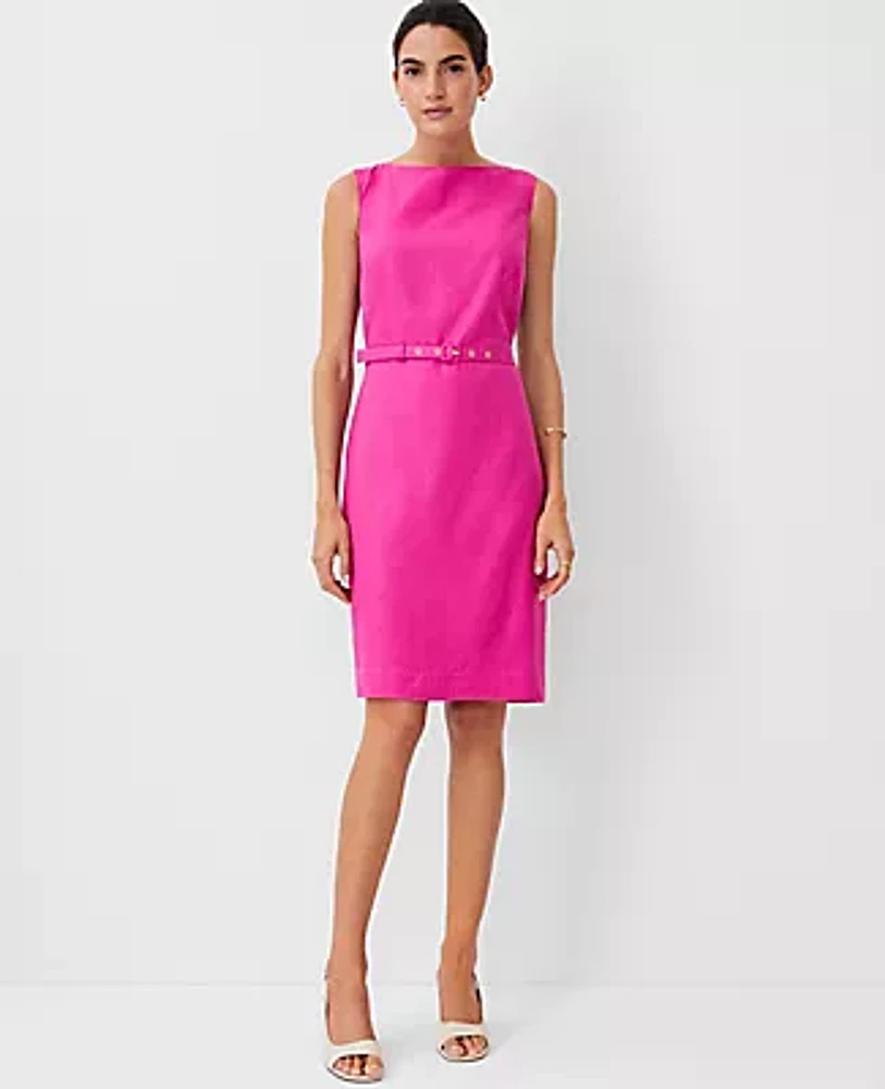 Ann Taylor Petite Boatneck Linen Blend Belted Sheath Dress