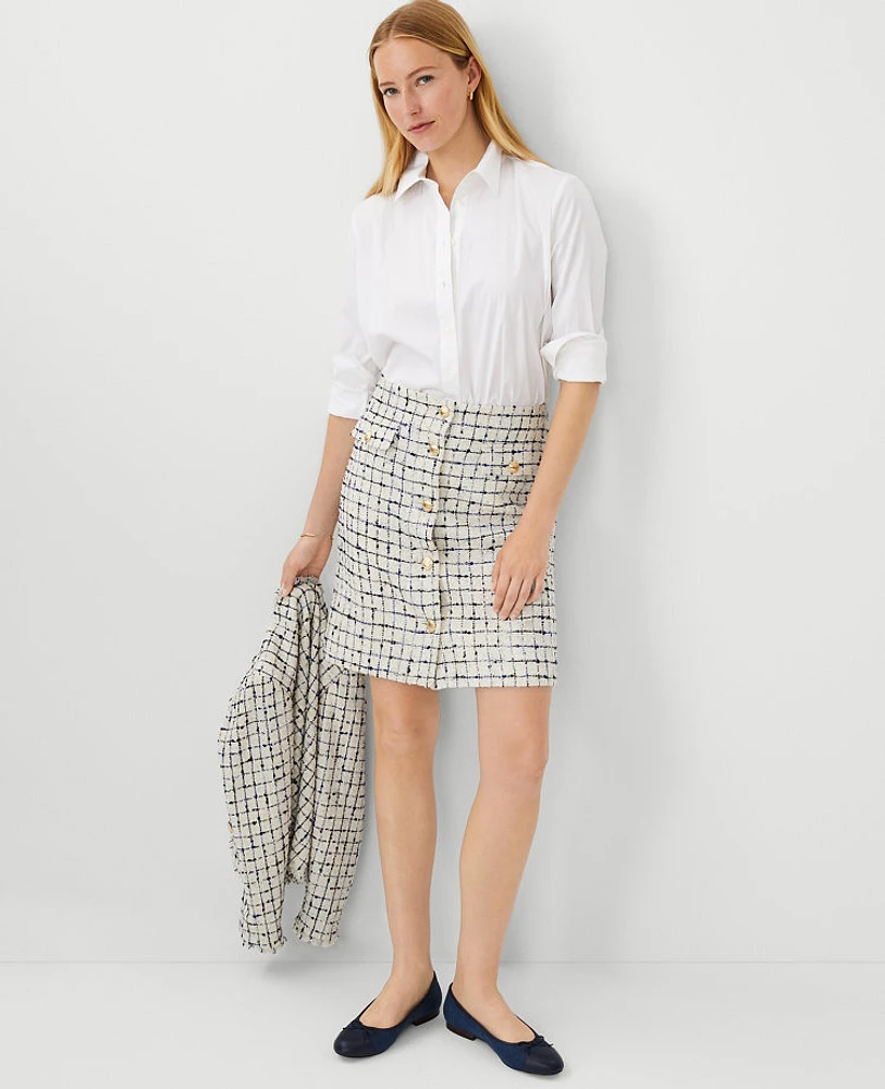 Ann Taylor Petite Tweed Button A-Line Skirt Blue Lake Women's