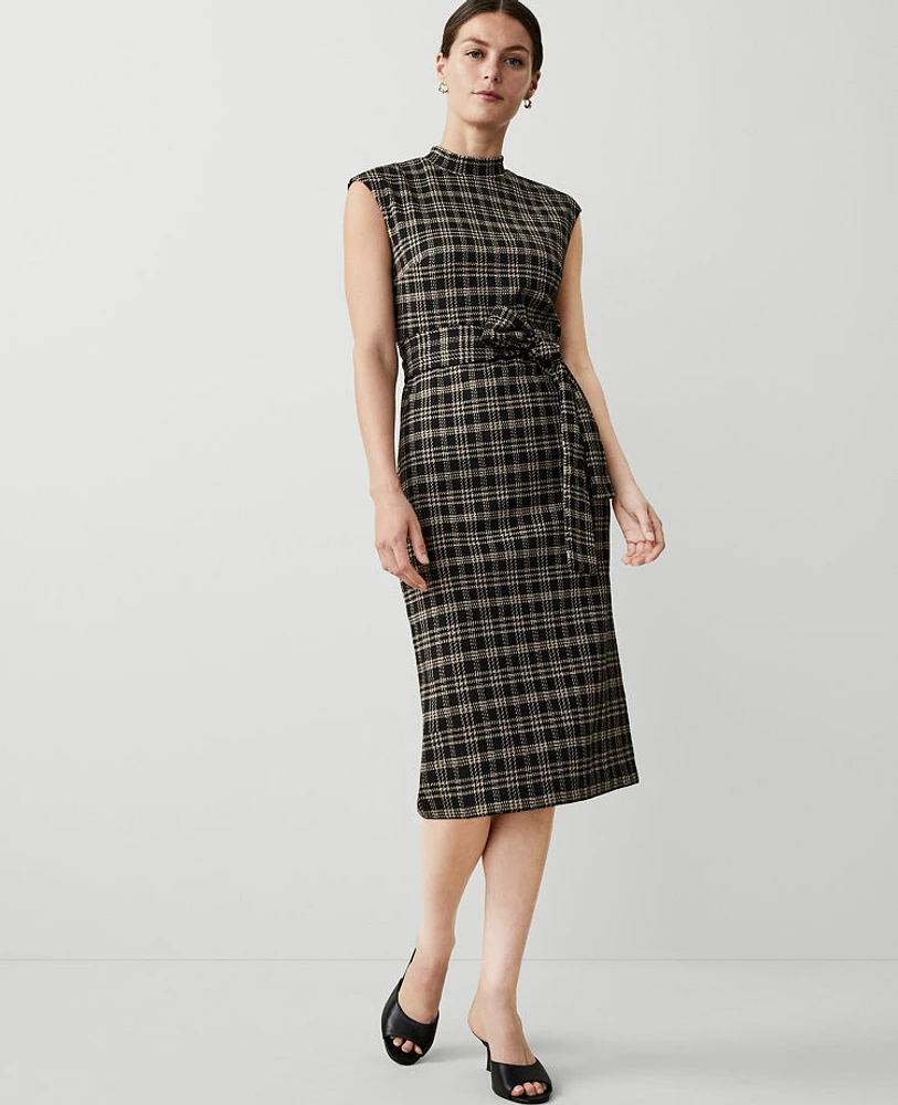 Ann Taylor Plaid Knit Mock Neck Belted Midi Dress Black/Neutral Combo Women's