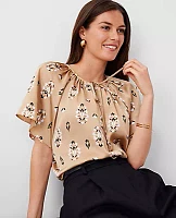 Ann Taylor Petite Floral Shirred Tie Neck Button Popover Top