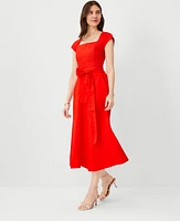 Ann Taylor Petite Linen Blend Tie Waist Pocket Midi Skirt Fiery Red Women's