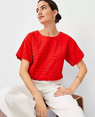 Ann Taylor Petite Cotton Eyelet Gathered Top