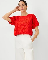 Ann Taylor Petite Cotton Eyelet Gathered Top Fiery Red Women's