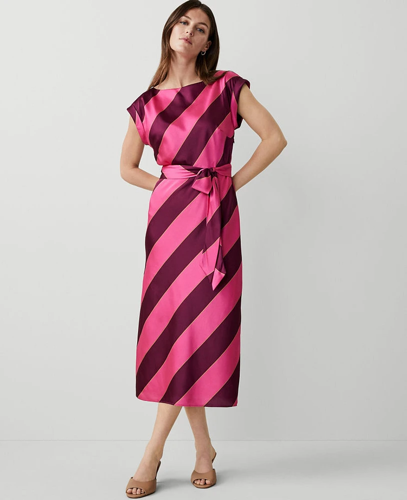 Ann Taylor Petite Striped Boatneck Flare Midi Dress Bold Pink Women's