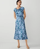 Ann Taylor Petite Floral Cowl Neck Flare Midi Dress Underwater Teal Women's