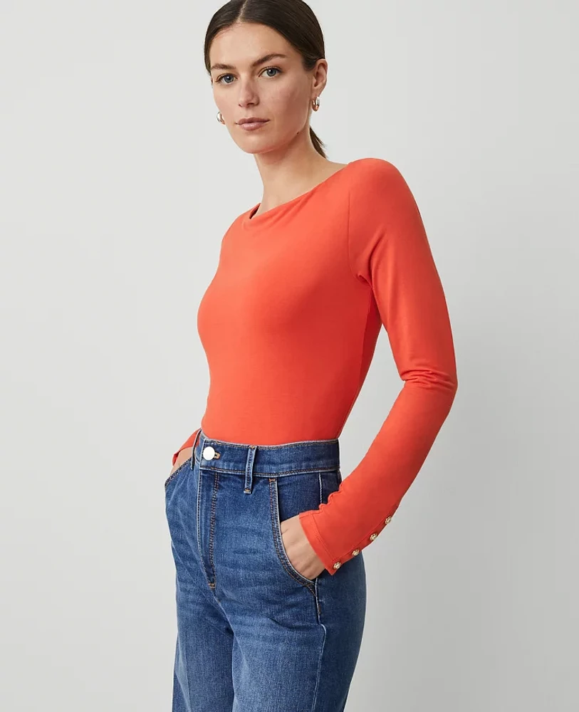 Ann Taylor Petite Button Cuff Boatneck Top Size 2XS Toasted Tangerine Women's