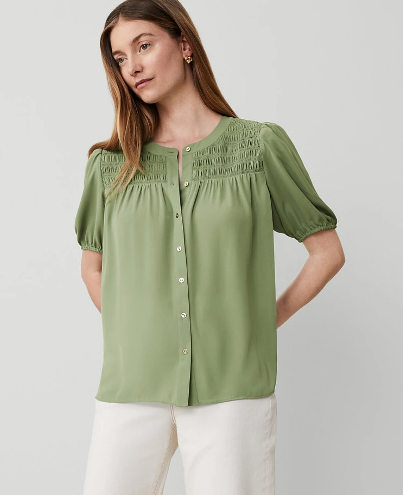 Ann Taylor Petite Smocked Yoke Puff Sleeve Top Lush Palm Women's