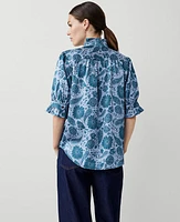 Ann Taylor Floral Ruffle Button Top Underwater Teal Women's