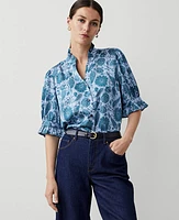 Ann Taylor Floral Ruffle Button Top Underwater Teal Women's