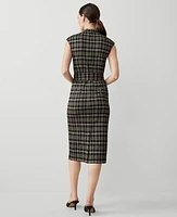 Ann Taylor Petite Plaid Knit Mock Neck Belted Midi Dress Black/Neutral Combo Women's