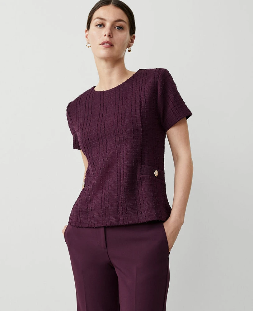 Ann Taylor Petite Tweed Button Trim T-Shirt Plum Rose Women's