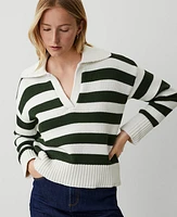 Ann Taylor Petite AT Weekend Stripe Collared Sweater Green/White Women's