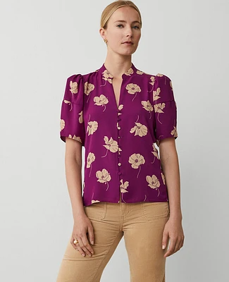 Ann Taylor Floral Lantern Sleeve Popover Top Pulsar Purple Women's