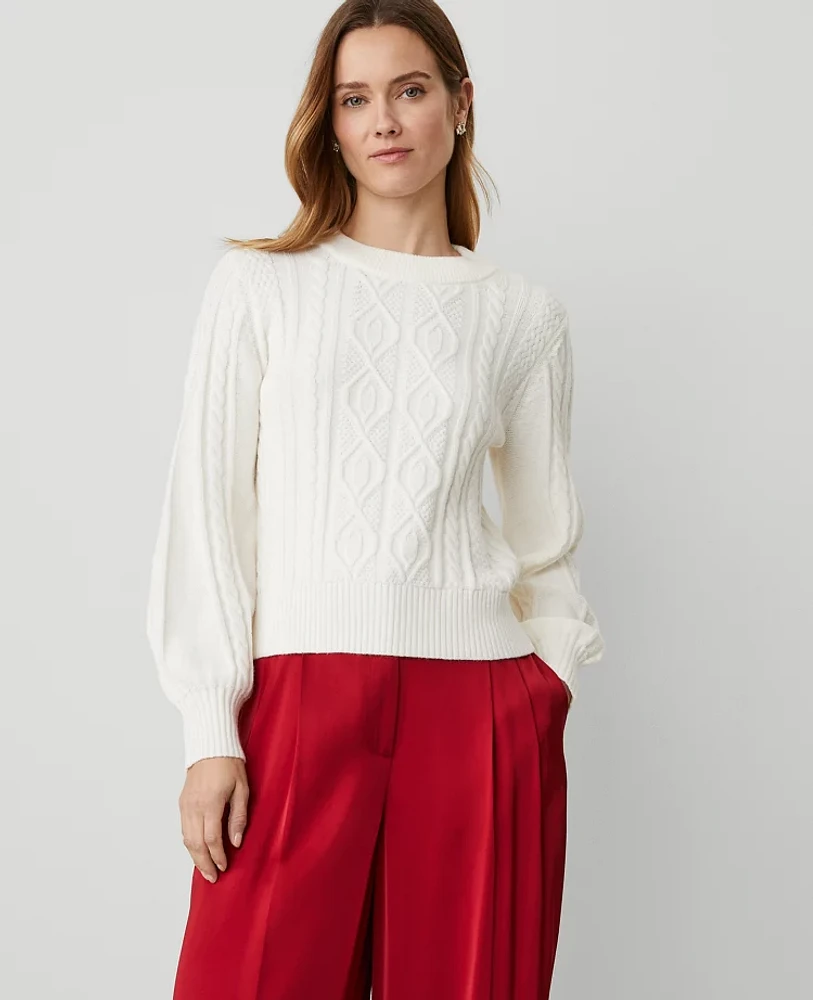 Ann Taylor Puff Sleeve Cable Sweater Winter White Women's