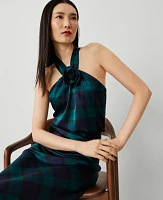 Ann Taylor Tartan Rosette Drape-Neck Halter Top Rainforest Women's