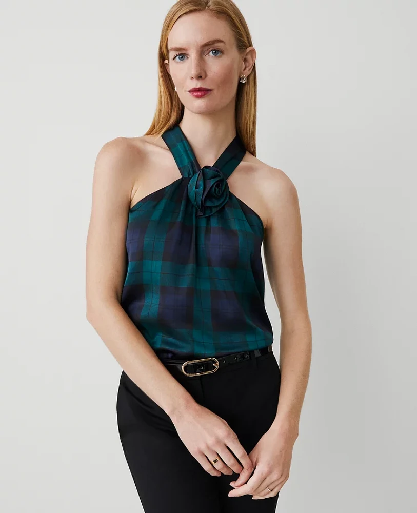 Ann Taylor Tartan Rosette Drape-Neck Halter Top Rainforest Women's