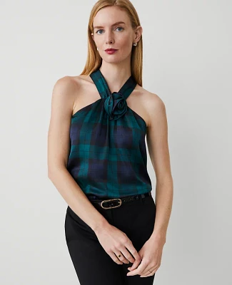 Ann Taylor Tartan Rosette Drape-Neck Halter Top Rainforest Women's