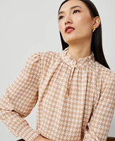 Ann Taylor Houndstooth Tweed Ruffle Popover Top Cappuccino Tan Women's