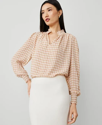 Ann Taylor Houndstooth Tweed Ruffle Popover Top Cappuccino Tan Women's