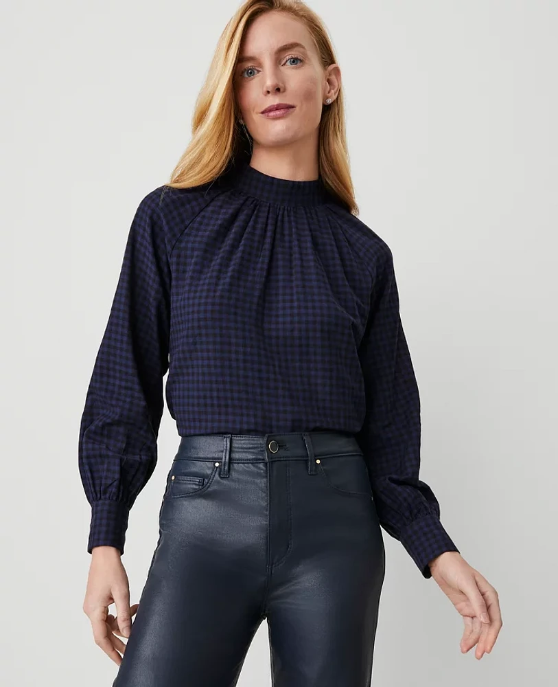 Ann Taylor Shirred Mock Neck Popover Top Pure Sapphire Women's