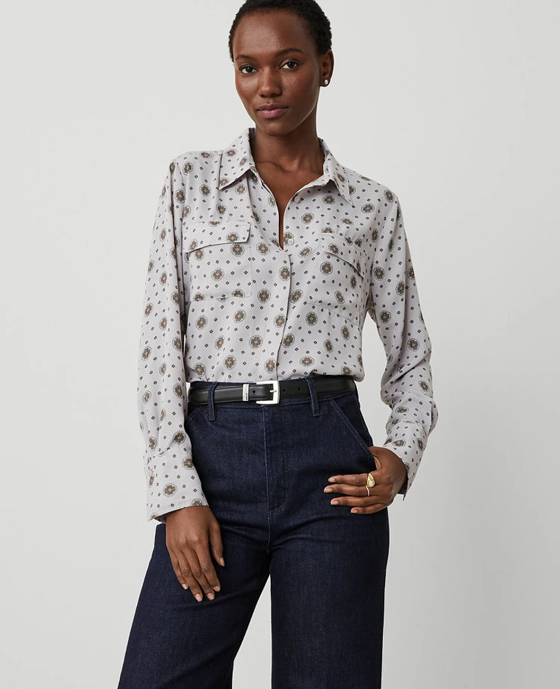 Ann Taylor Geo Pocket Button Shirt Magnesium Women's