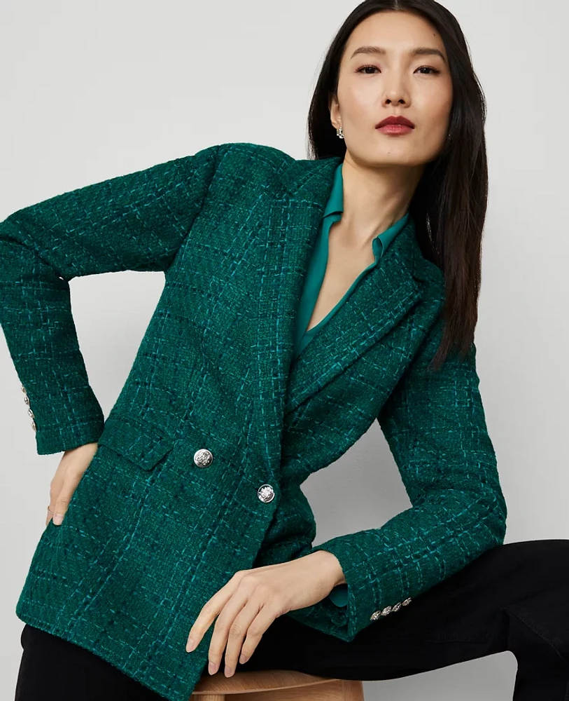 Ann Taylor Tweed Double-Breasted Blazer Jewel Green Women's