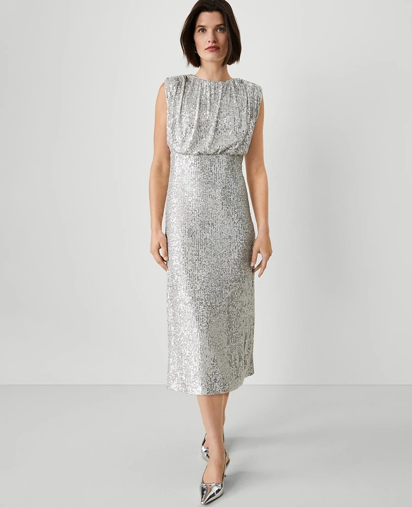 Ann Taylor Sequin Cap Sleeve Midi Dress Size 12 Silver Spark Women's