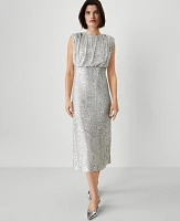 Ann Taylor Sequin Cap Sleeve Midi Dress Size 12 Silver Spark Women's