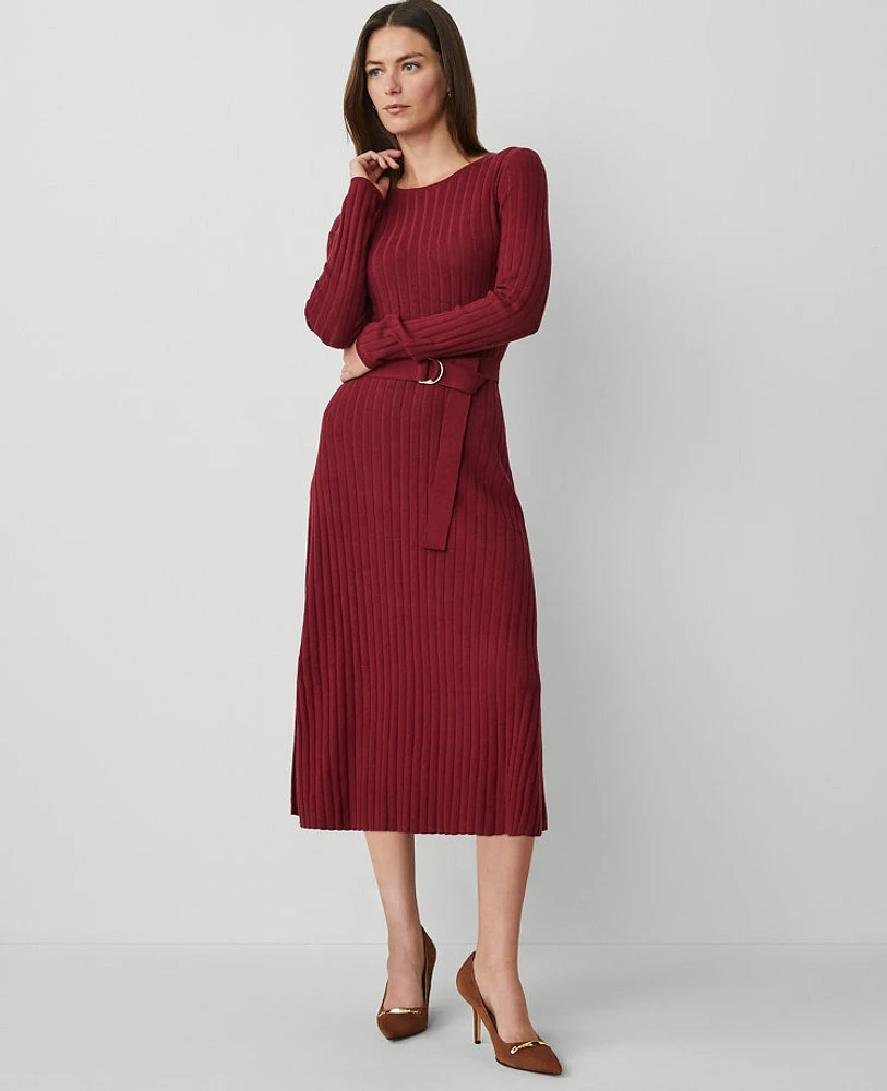 Ann Taylor Belted Ribbed Sweater Dress Deep Auburn Women's