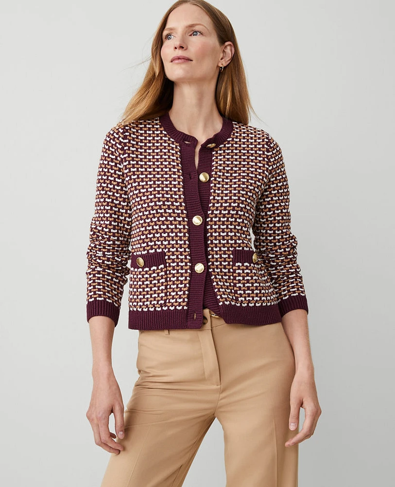 Ann Taylor Tweed Stitch Sweater Jacket Plum Combo Women's