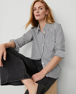 Ann Taylor Stripe Relaxed Perfect Shirt White/Black Multi Women's