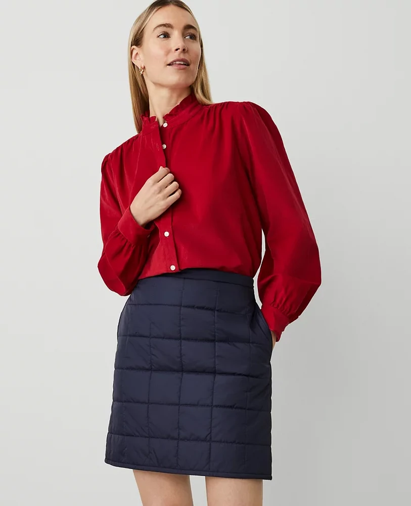 Ann Taylor Weekend Collection Corduroy Ruffle Neck Shirt Gingham Red Women's
