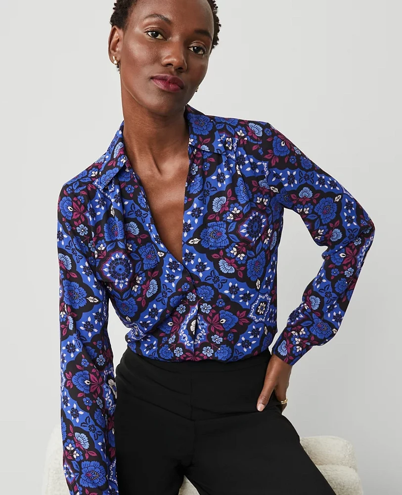 Ann Taylor Tiled Camp Shirt Black Women's