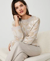 Ann Taylor Shimmer Floral-Trimmed Sweater Pale Sand Heather Women's