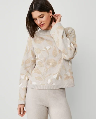 Ann Taylor Shimmer Floral-Trimmed Sweater Pale Sand Heather Women's