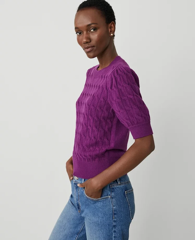 Ann Taylor Petite Cable Puff Sleeve Sweater Pulsar Purple Women's