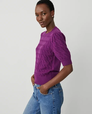 Ann Taylor Petite Cable Puff Sleeve Sweater Pulsar Purple Women's